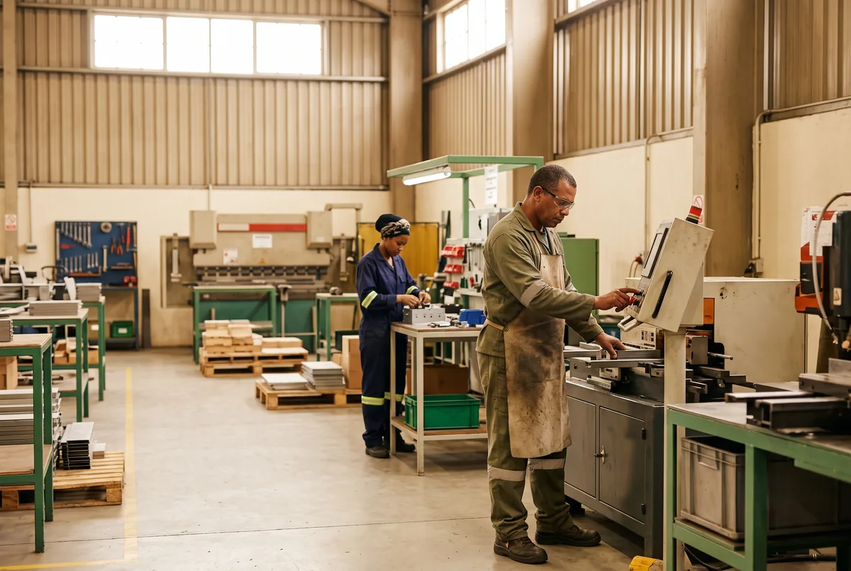 South African manufacturing floor with workers active in the space and a calm, organised production environment.